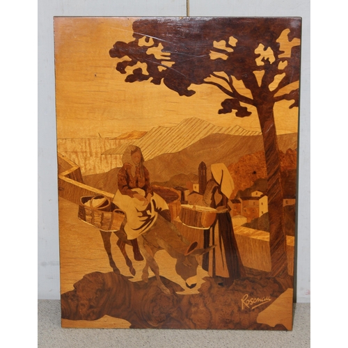 437 - 6 vintage inlaid wooden marquetry landscape scenes, the largest approx 41cm x 31cm