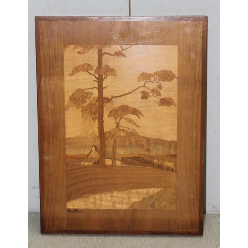 437 - 6 vintage inlaid wooden marquetry landscape scenes, the largest approx 41cm x 31cm