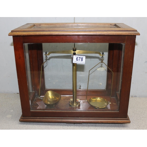 678 - 2 x scientific balance scales, one in glazed case marked W & T Avery