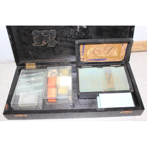 682 - Box of scientific items to incl vintage blank microscope slides, brass-cased lenses, antique brass f... 