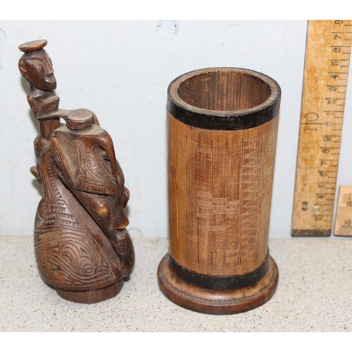 1746 - 2 vintage carved bamboo brush pots and 2 other lidded pots (4)