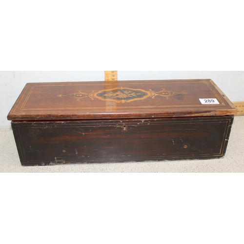 289A - An antique rosewood music box, lacking contents, wooden box only, approx 46cm wide