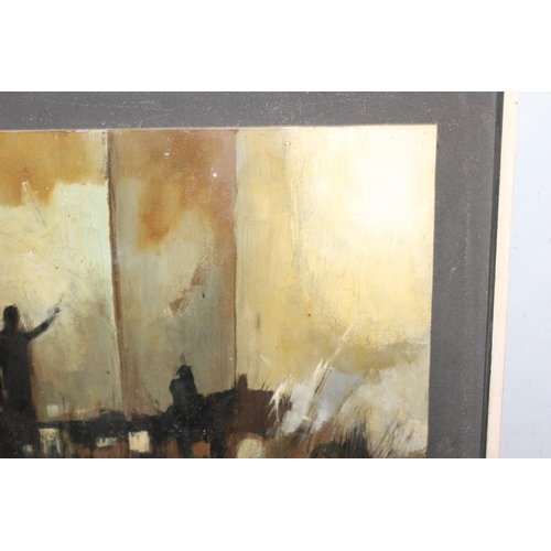 448A - In the manner of Max Gunther, a retro oil on board painting of an abstract cityscape, signed lower r... 