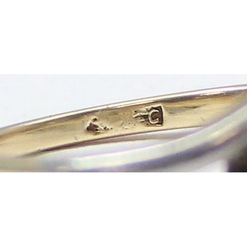 1154A - An antique 14ct gold ring with triple diamonds in crossover setting, mark rubbed but XRF confirmed a... 