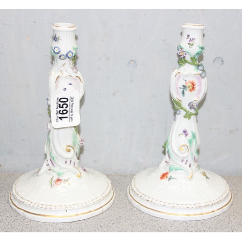 1650A - A pair of 19th century Dresden porcelain candlesticks with encrusted floral decoration and hand pain... 