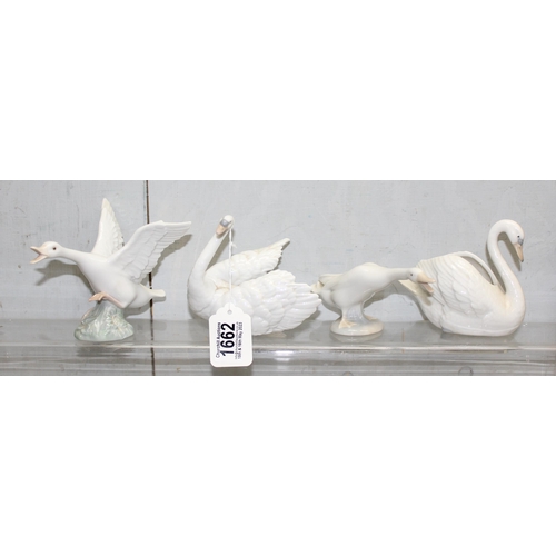 1662A - 4 Spanish porcelain figures of Swan and Geese, 3 Lladro and a Nao