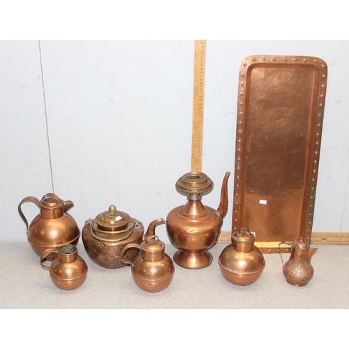 1739A - Qty of assorted antique and later brass and copperware to inc an Arts & Crafts hammered copper tray,... 