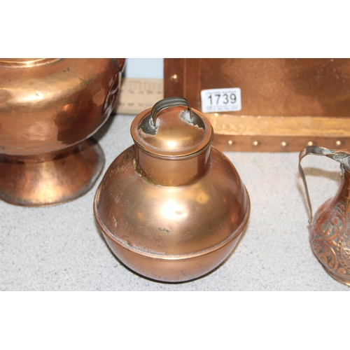 1739A - Qty of assorted antique and later brass and copperware to inc an Arts & Crafts hammered copper tray,... 