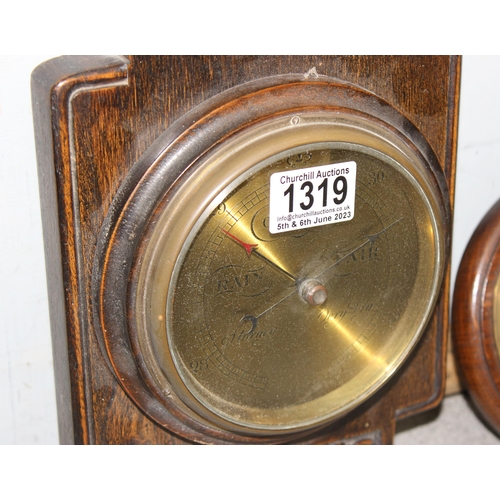 1319 - 2 vintage wall barometers, one in oak case the other bulkhead style (2)