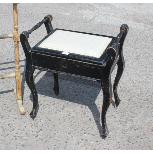 170 - An antique piano stool and a vintage rustic pine towel rail (2)