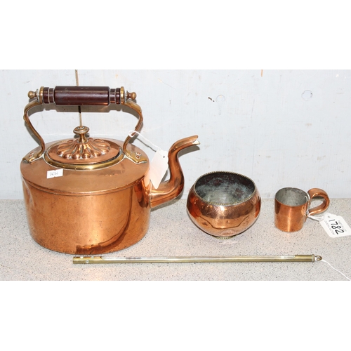 1782 - 3 pieces of antique copperware to inc a 1/2 gill measure and a brass cased thermometer (4)