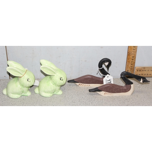 1783 - A pair of Art Deco period pottery rabbits with green glaze and 2 carved wooden Canadian Geese by Jam... 