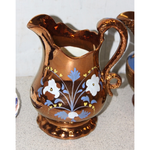 1784 - 3 antique copper lustre jugs and a part Gaudy Welsh pottery tea set