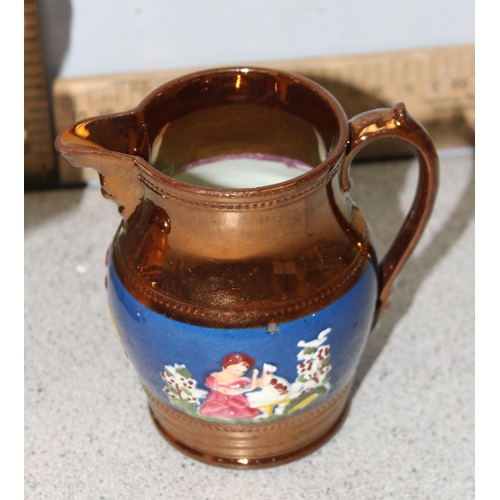 1784 - 3 antique copper lustre jugs and a part Gaudy Welsh pottery tea set