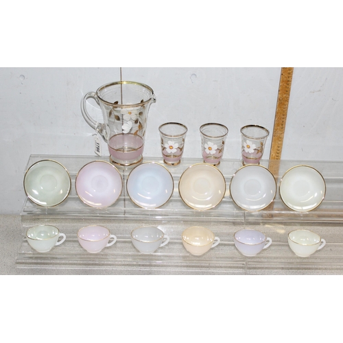 1786 - Vintage Arcopal France Opalescent Glass Harlequin Tea Cups and Saucers, 12pc Set & a glass lemonade ... 