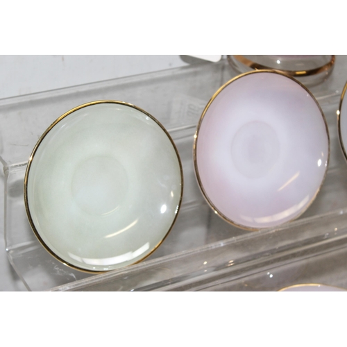 1786 - Vintage Arcopal France Opalescent Glass Harlequin Tea Cups and Saucers, 12pc Set & a glass lemonade ... 