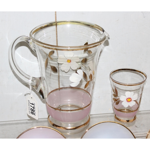 1786 - Vintage Arcopal France Opalescent Glass Harlequin Tea Cups and Saucers, 12pc Set & a glass lemonade ... 