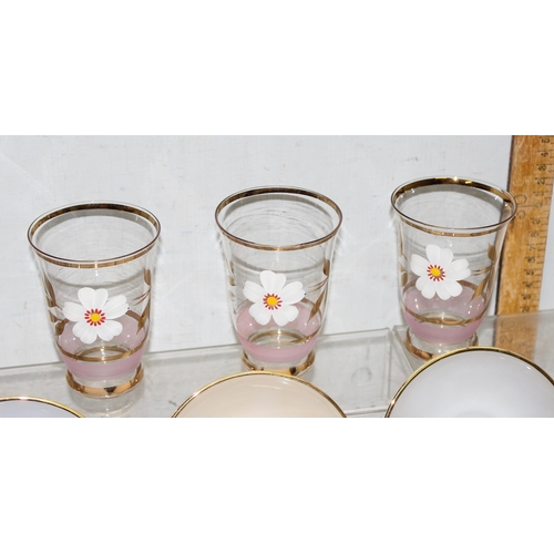 1786 - Vintage Arcopal France Opalescent Glass Harlequin Tea Cups and Saucers, 12pc Set & a glass lemonade ... 