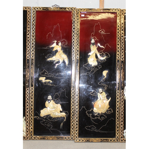 284 - A set of 4 20th century Japanese lacquer panels with Shibayama shell inlay, each approx 91cm x 30cm