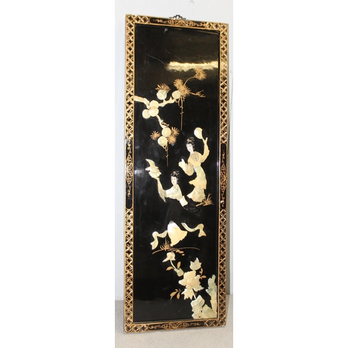 284 - A set of 4 20th century Japanese lacquer panels with Shibayama shell inlay, each approx 91cm x 30cm