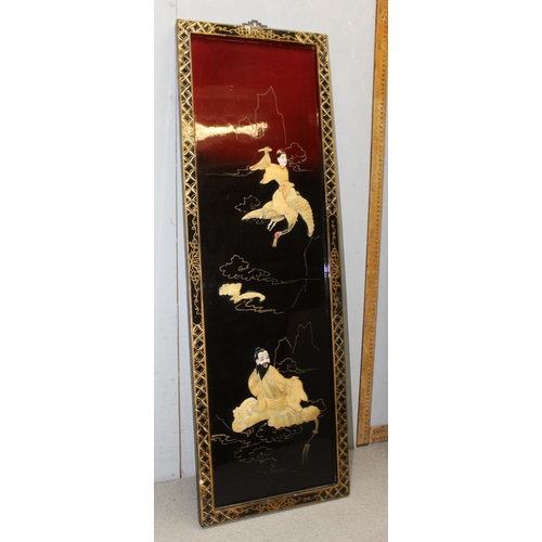 284 - A set of 4 20th century Japanese lacquer panels with Shibayama shell inlay, each approx 91cm x 30cm