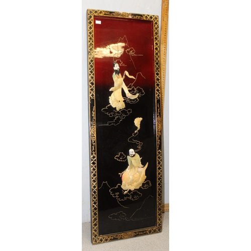 284 - A set of 4 20th century Japanese lacquer panels with Shibayama shell inlay, each approx 91cm x 30cm