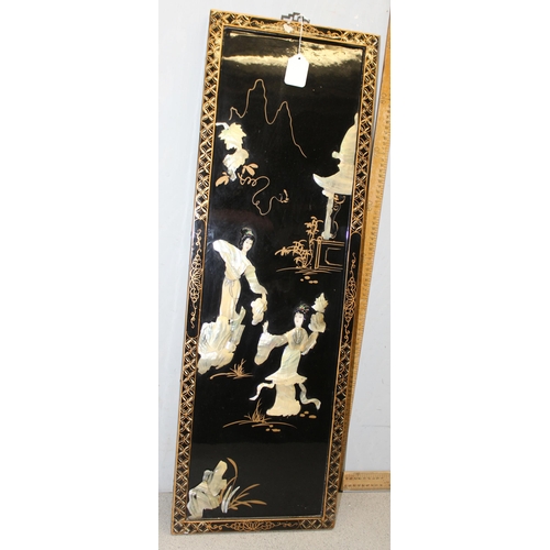 284 - A set of 4 20th century Japanese lacquer panels with Shibayama shell inlay, each approx 91cm x 30cm