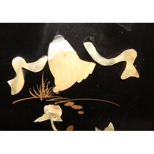 284 - A set of 4 20th century Japanese lacquer panels with Shibayama shell inlay, each approx 91cm x 30cm