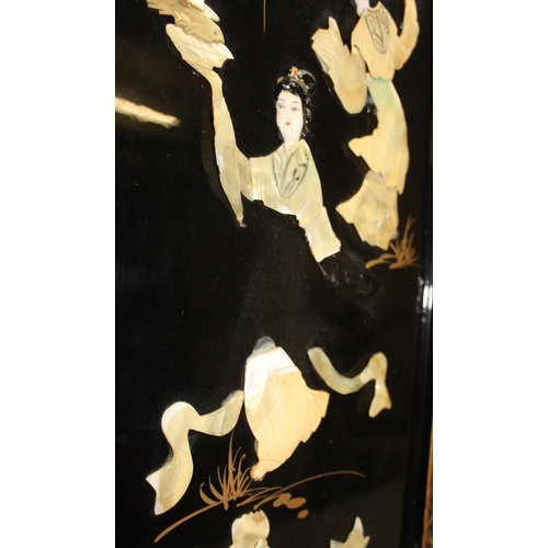 284 - A set of 4 20th century Japanese lacquer panels with Shibayama shell inlay, each approx 91cm x 30cm