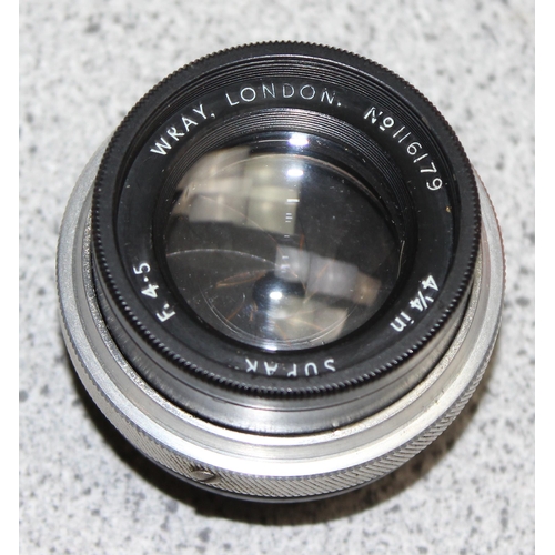 691 - Qty of assorted camera related odds to inc boxed Wray lenses and bellows cameras etc