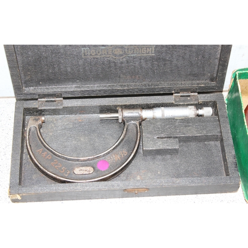 834 - Micrometres, vintage tape measure in original box, callipers etc