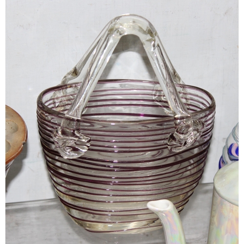 1809A - Mixed lot to include & glass amethyst carafe, butter pats, pottery jelly mould decorated with a Whea... 