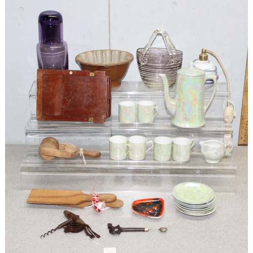 1809A - Mixed lot to include & glass amethyst carafe, butter pats, pottery jelly mould decorated with a Whea... 