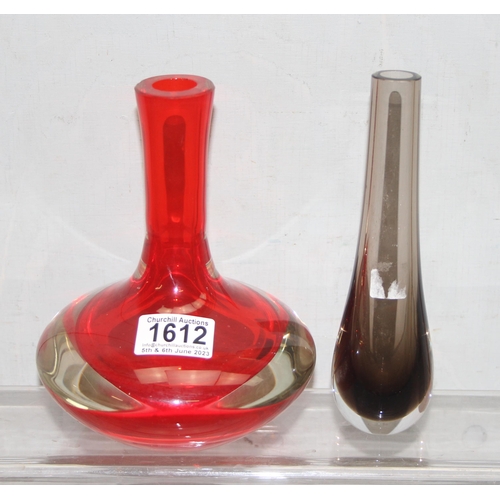 1612 - 2 retro coloured glass vases, likely Murano, tallest approx 19cm high