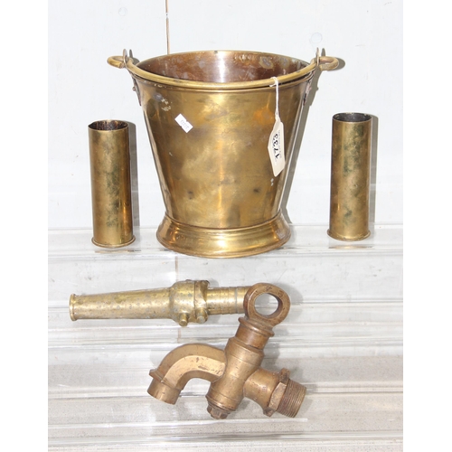 1733 - Antique Narang brass milk pail/bucket, 2 x 1942 dated shell-cases, brass firehose nozzle and other h... 