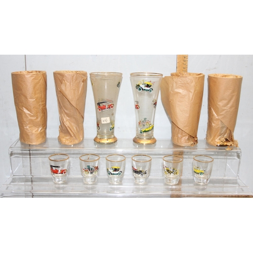 1736 - 6 x retro Pilsner glasses and 6 x shot glasses all depicting motor vehicles