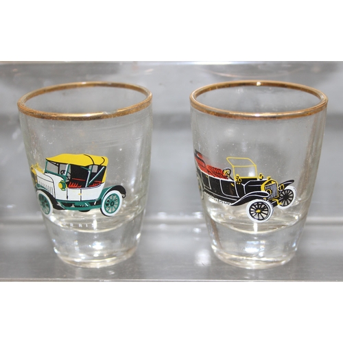 1736 - 6 x retro Pilsner glasses and 6 x shot glasses all depicting motor vehicles