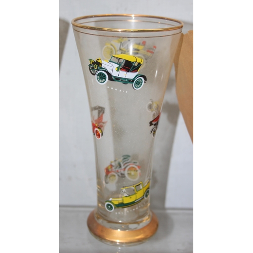 1736 - 6 x retro Pilsner glasses and 6 x shot glasses all depicting motor vehicles