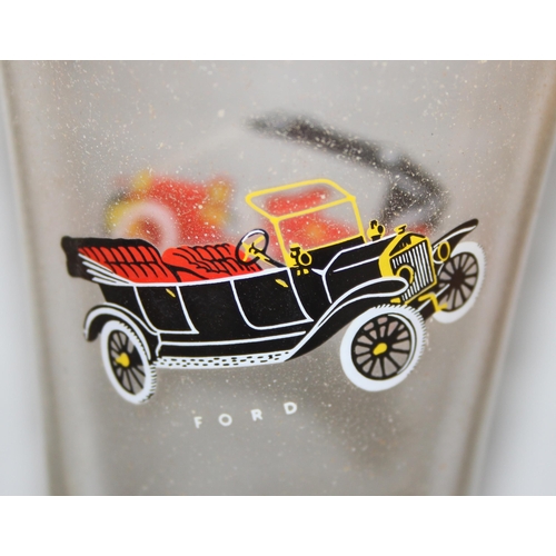 1736 - 6 x retro Pilsner glasses and 6 x shot glasses all depicting motor vehicles