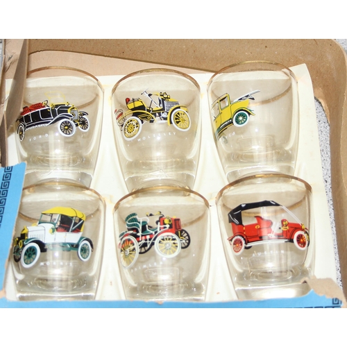 1736 - 6 x retro Pilsner glasses and 6 x shot glasses all depicting motor vehicles