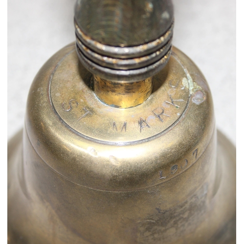 1739 - Antique brass school bell with stamp for 'St. Marks' 1907