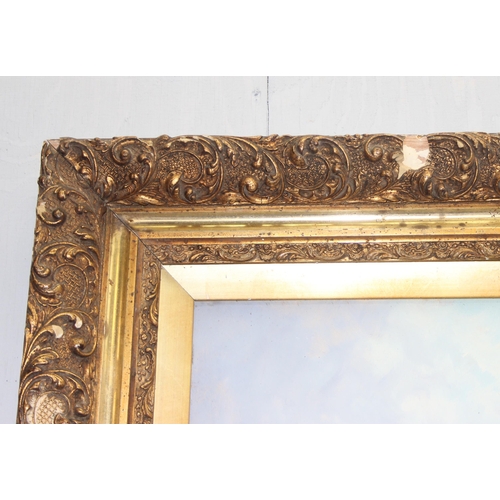 425 - Large vintage oil on board in ornate gesso frame of a rural scene signed T. Hall, approx 104cm x 57c... 