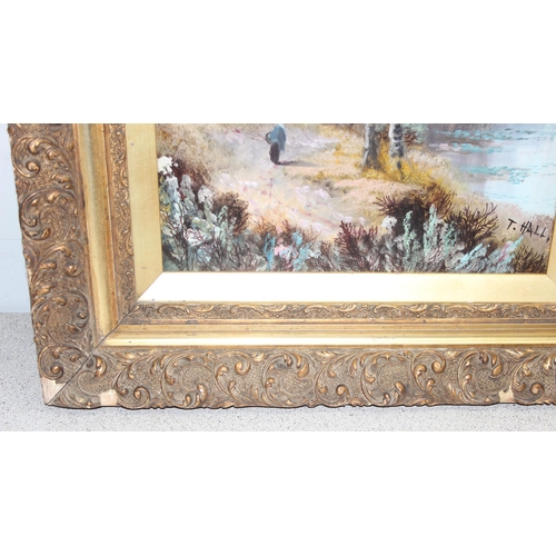 425 - Large vintage oil on board in ornate gesso frame of a rural scene signed T. Hall, approx 104cm x 57c... 