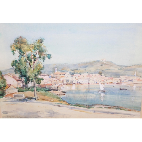 430 - Watercolour of a Continental lakeside harbour scene, signed J. Herbert Snell (1861 - 1935), in glaze... 