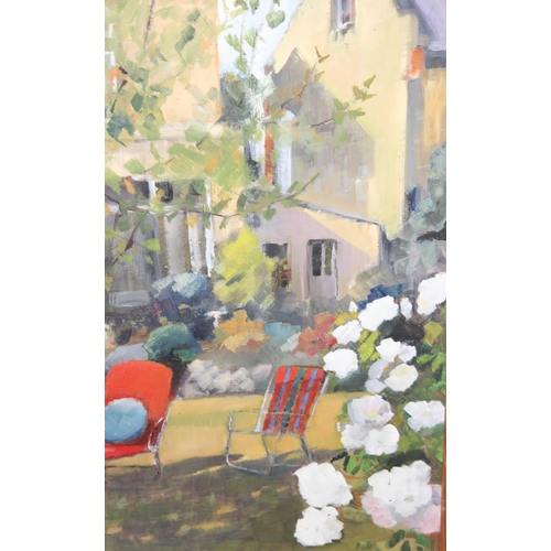 431 - Mid-century oil on board of a garden scene, signed verso Joyce Williams, approx 58cm x 53cm