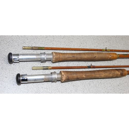 702 - 2 'Octopus' split-cane fly fishing rods by Sealey, with covers