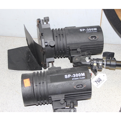 760 - Pair of Studio Flash lights, SP-300M, one other and a double sided light deflector