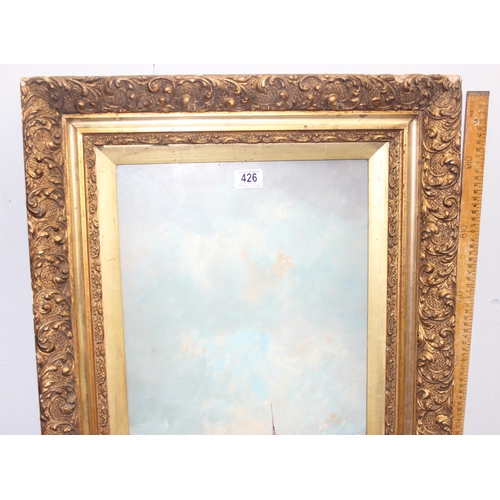 426 - A large vintage oil on board in ornate glazed gesso frame of a fishing boat scene, indistinctly sign... 