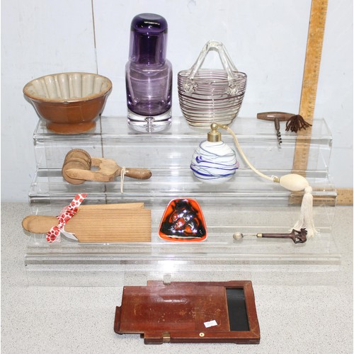 1809A - Mixed lot to include & glass amethyst carafe, butter pats, pottery jelly mould decorated with a Whea... 