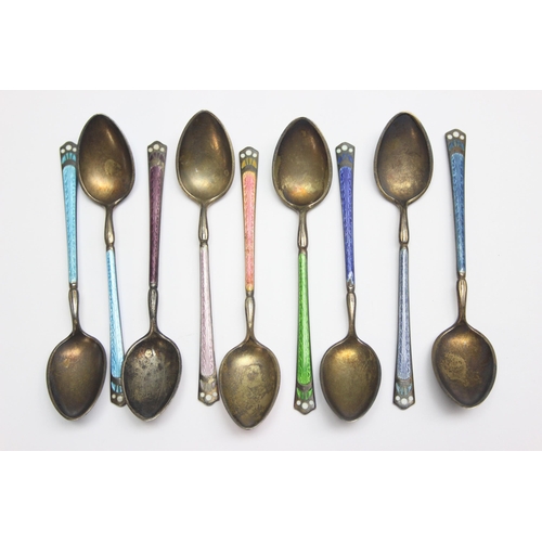 1033 - 9 Scandinavian silver and guilloche enamel demitasse spoons, various colours, likely Norwegian c.193... 